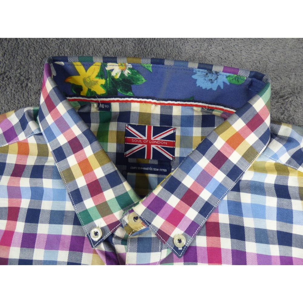 Soul of London Mens Multi Color Gingham Check Button Down Shirt Semi Fitted 16.5 - Picture 4 of 8